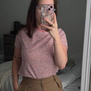 Pink Short Sleeve Knit Top - Casual Women's Tee